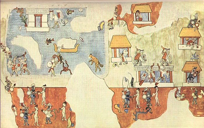 Pintura mural del Templo de los Guerreros de Chichén Itzá, México. La imagen muestra hombres de piel clara preparándose para retirarse por mar mientras otros defienden un poblado o son hechos prisioneros.