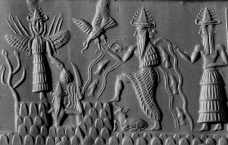 Sello cilíndrico acadio de aproximadamente el 2300 a. C. con las figuras de las deidades Inanna, Utu y Enki, tres miembros de los Anunnaki