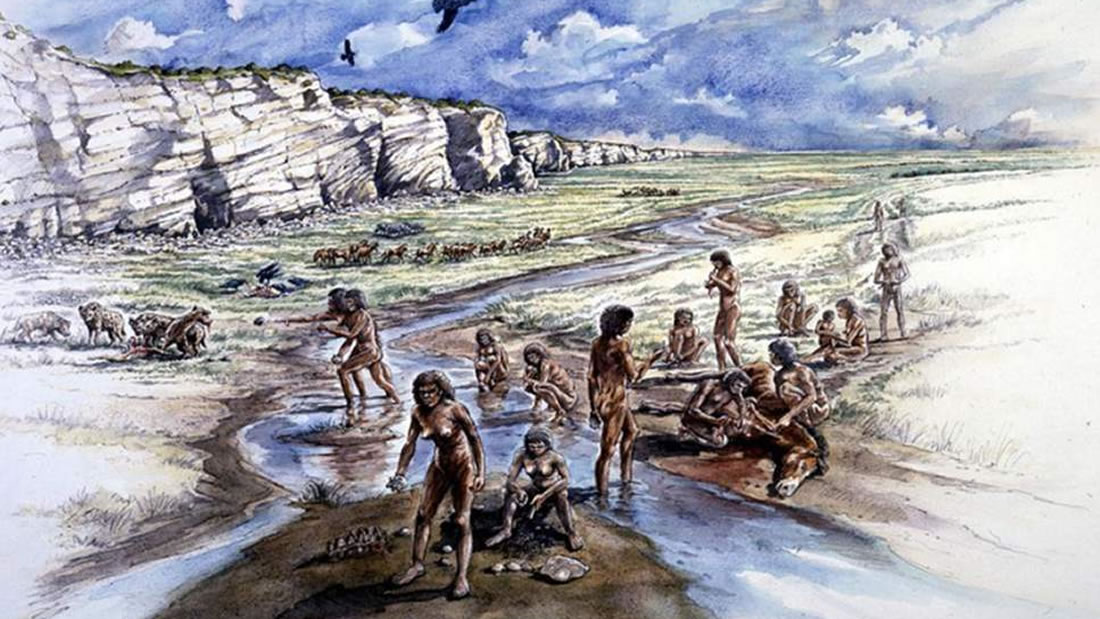 Representación artística de Boxgrove hace medio millón de años. Muestra a un grupo de humanos pre-neandertales, incluida una mujer que hace una herramienta de pedernal